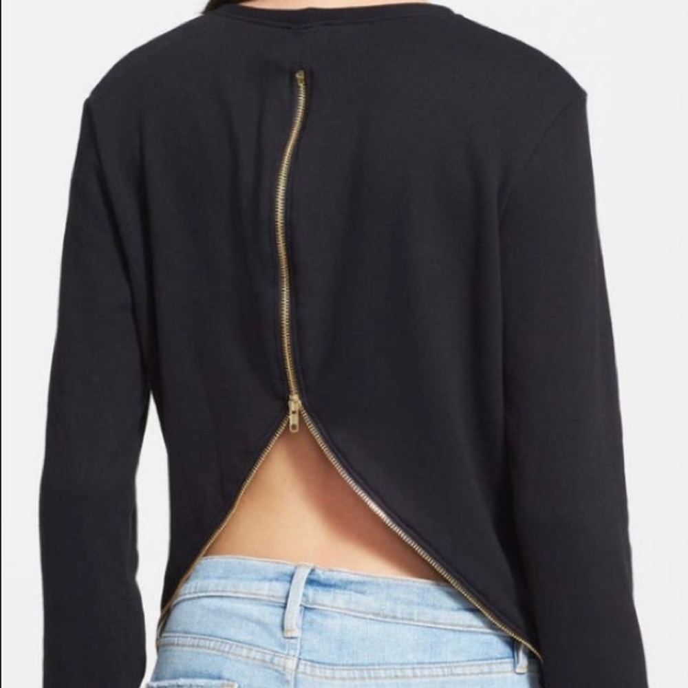Frame Denim Black Sweatshirt Open back gold zipper Size S